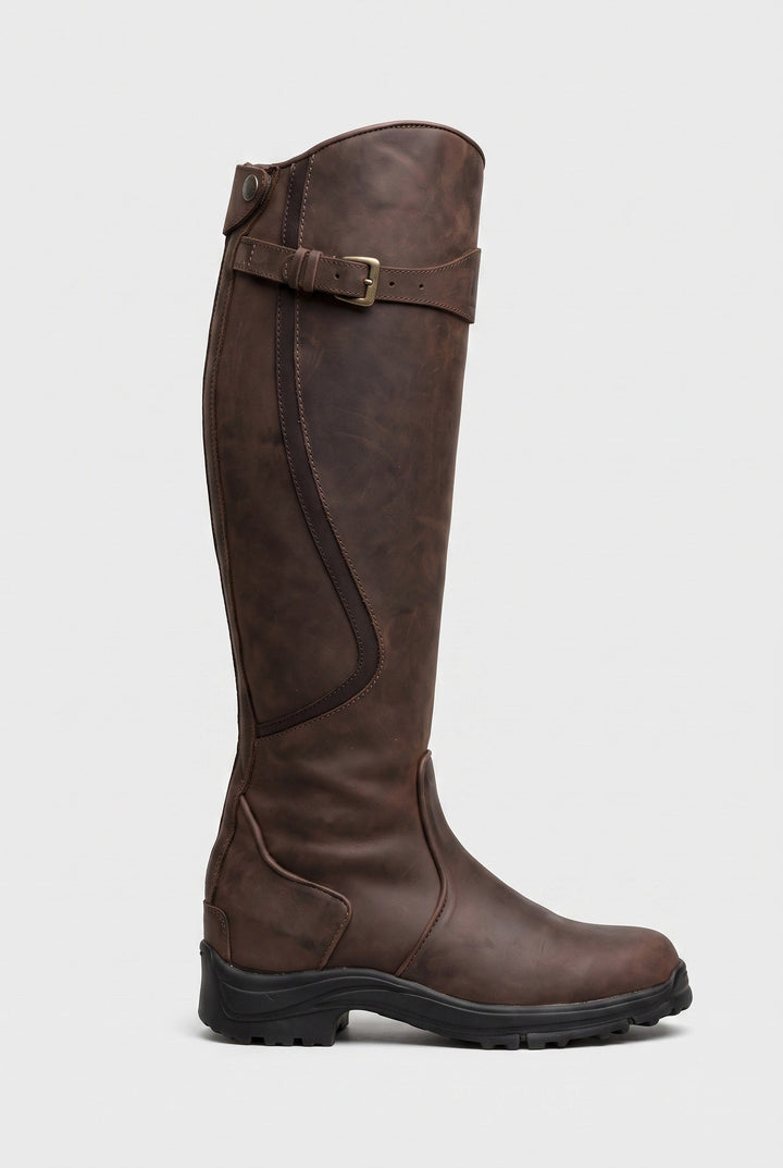 Bottes cavalières zip au dos marron foncé, vue de profil