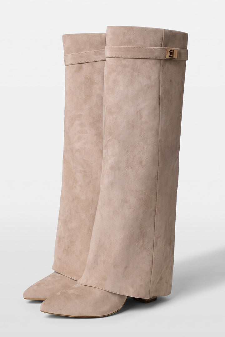 Bottes hautes à revers tige droite beige, vue de face