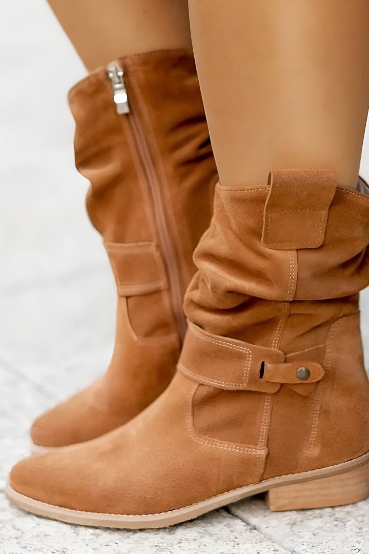 Bottes mi-mollet bride rivetée camel, vue de face