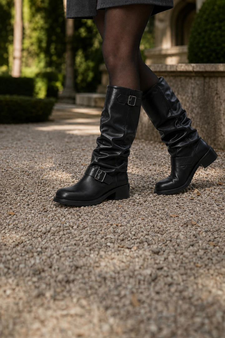 Bottes motardes tige plissée double boucle noir, vue de face