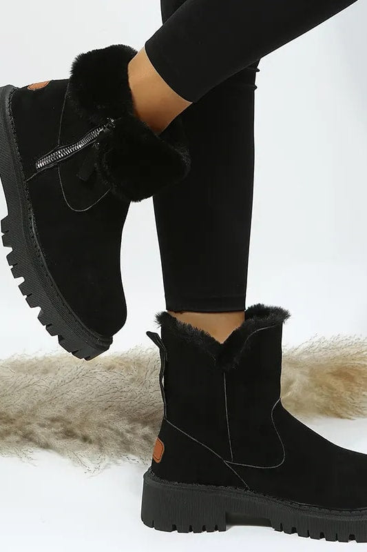 Bottines revers fausse fourrure noir, vue de profil