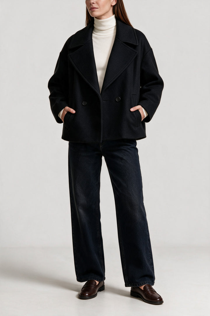 Manteau court effet laine larges revers noir, vue de face