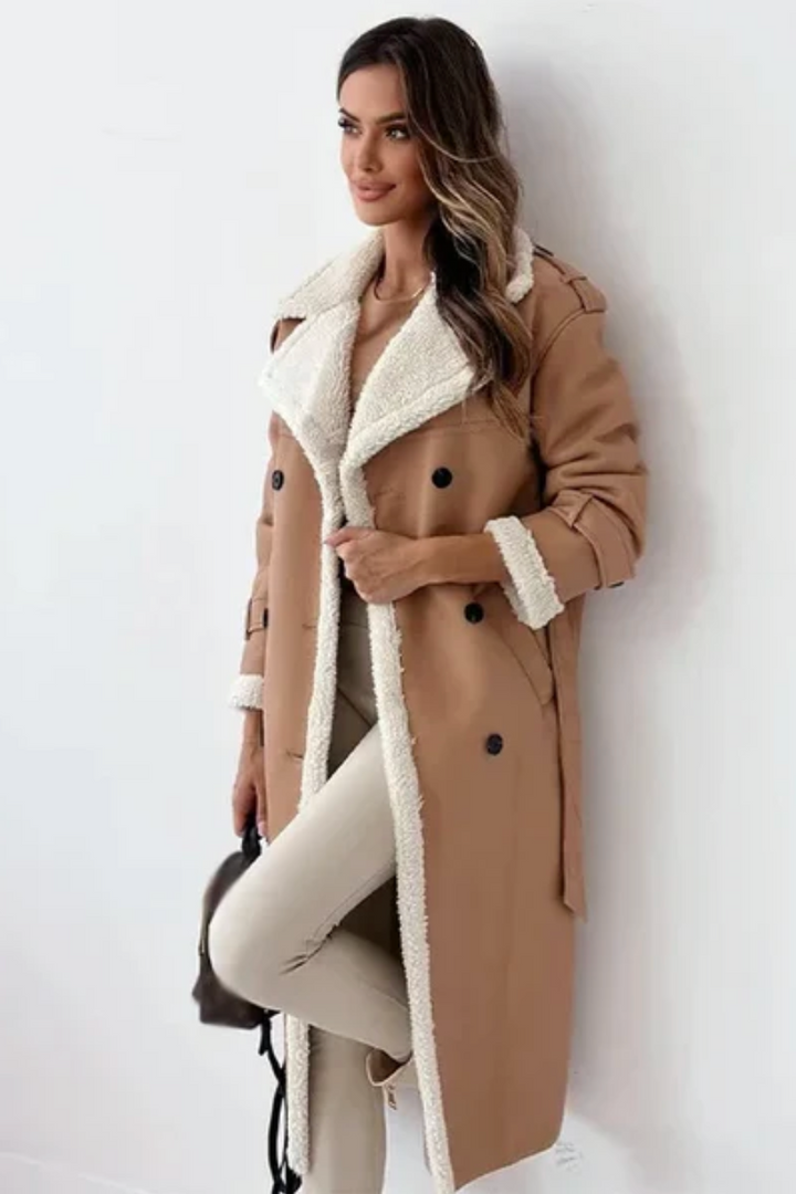 Manteau long aviateur col sherpa camel, vue de face