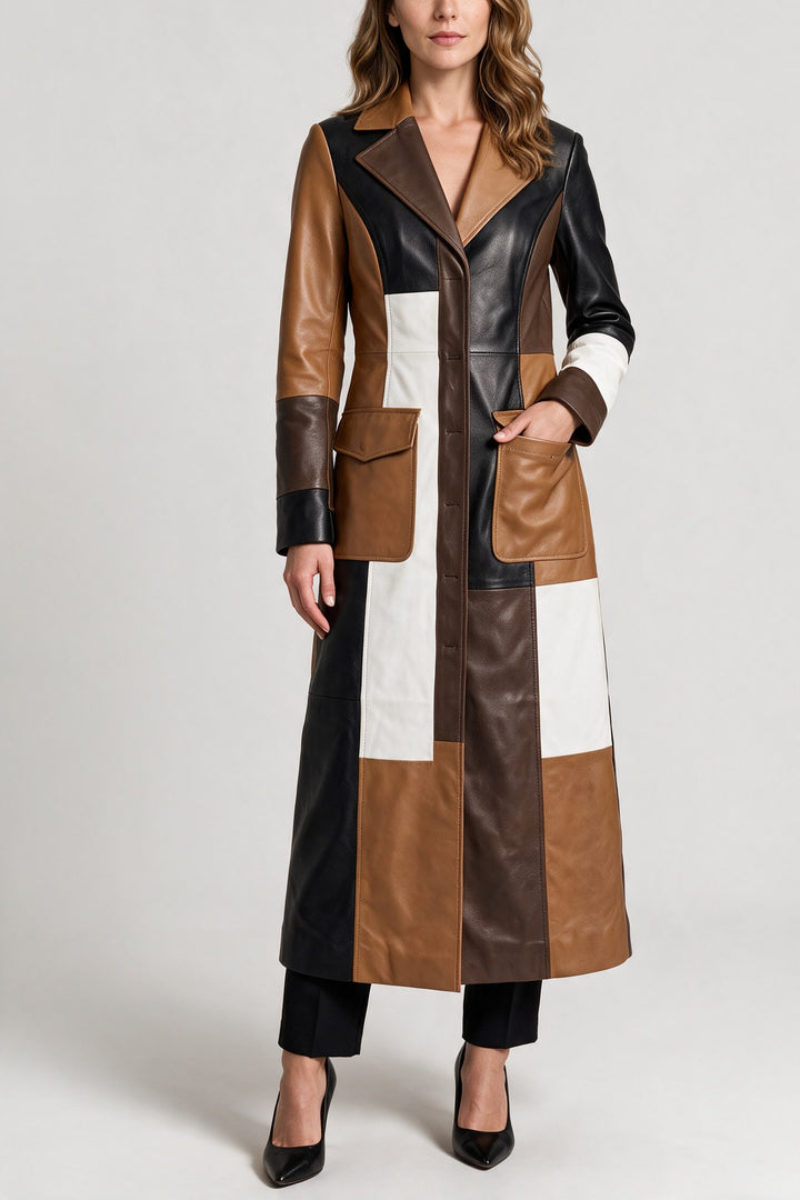 Manteau long effet cuir colorblock multicolore, vue de face