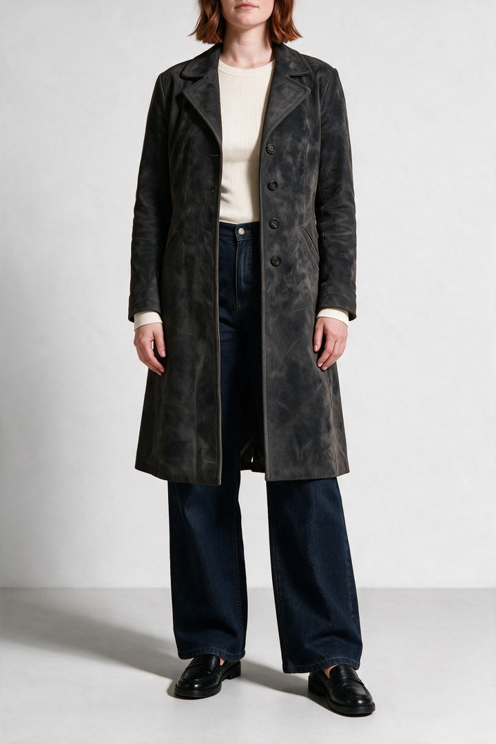 Manteau long effet daim gris foncé, vue de face