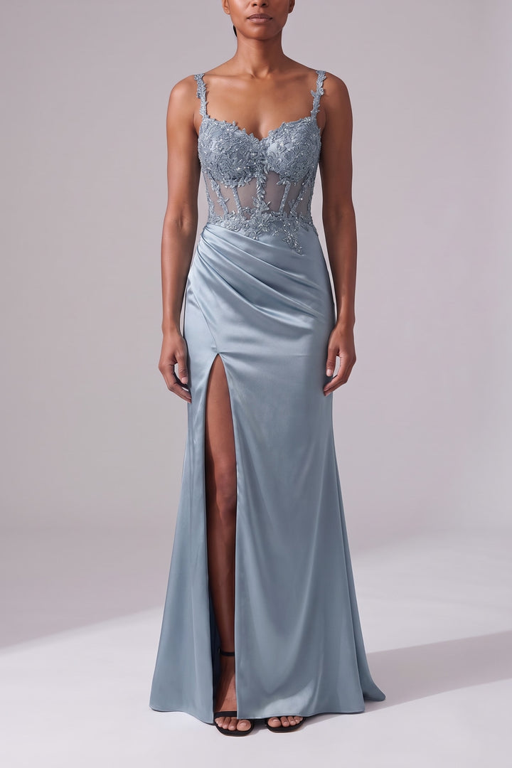 Robe de soirée sirène satin fendue bleu gris, vue de face