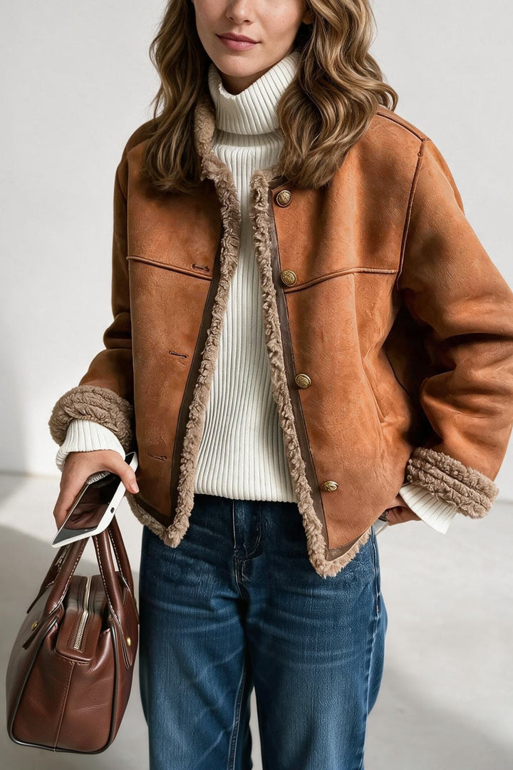 Veste effet daim bordures sherpa cognac, vue de face (2)