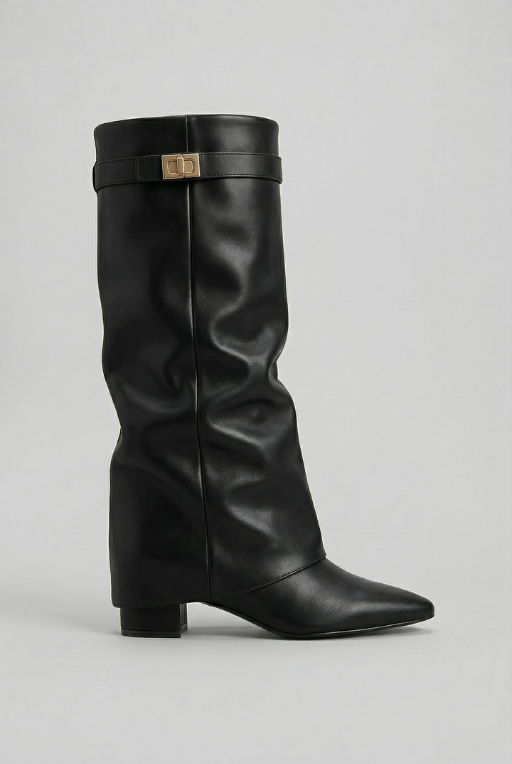 Bottes hautes à revers fermoir doré noir effet cuir, vue de profil