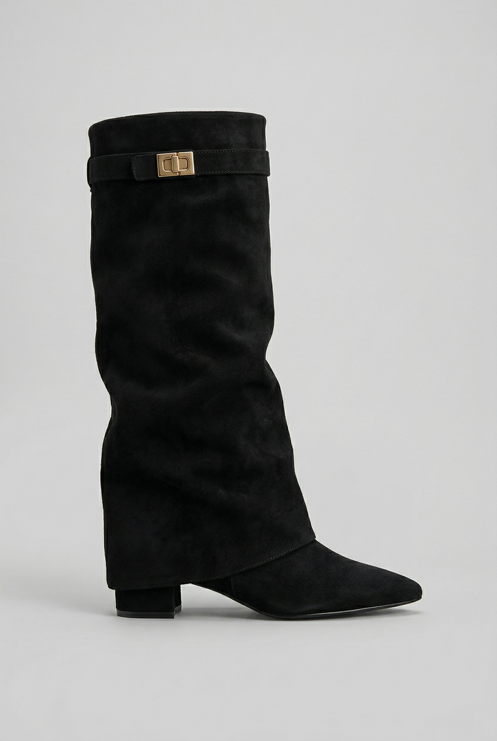 Bottes hautes à revers fermoir doré noir effet daim, vue de profil