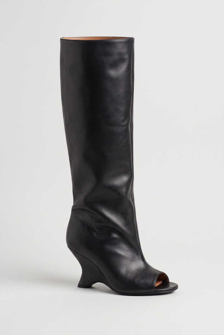 Bottes hautes bout ouvert talon compensé noir effet cuir, vue de face