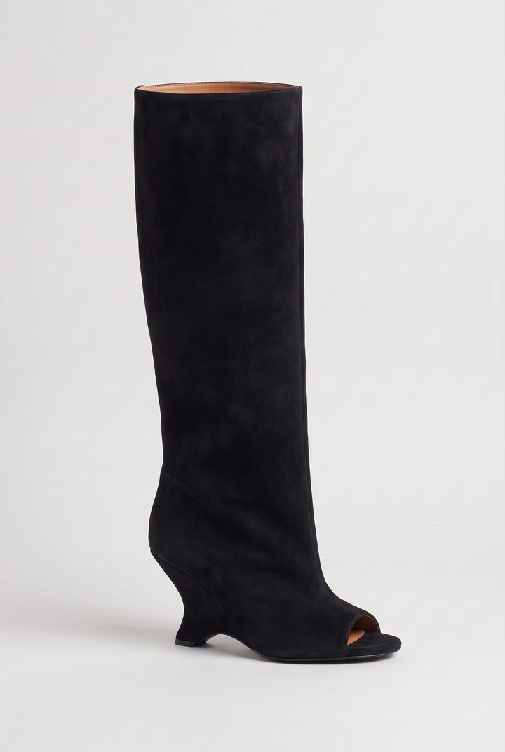 Bottes hautes bout ouvert talon compensé noir effet daim, vue de face