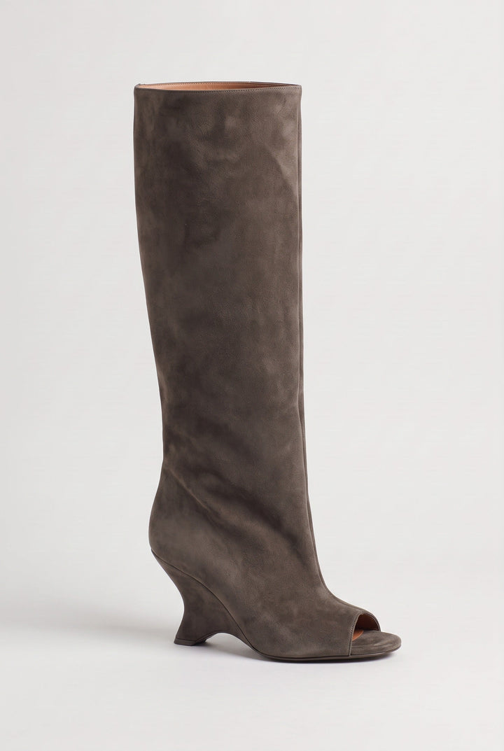 Bottes hautes bout ouvert talon compensé taupe effet daim, vue de face