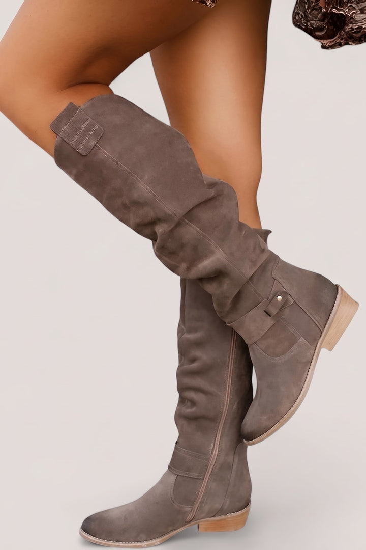 Bottes hautes bride cheville taupe, vue de face