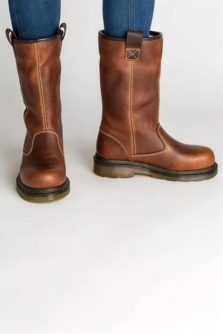 Bottes mi-mollet doublées à tirettes cognac, vue de face