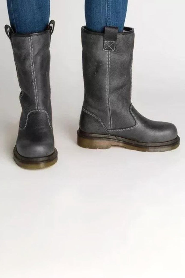 Bottes mi-mollet doublées à tirettes gris foncé, vue de face