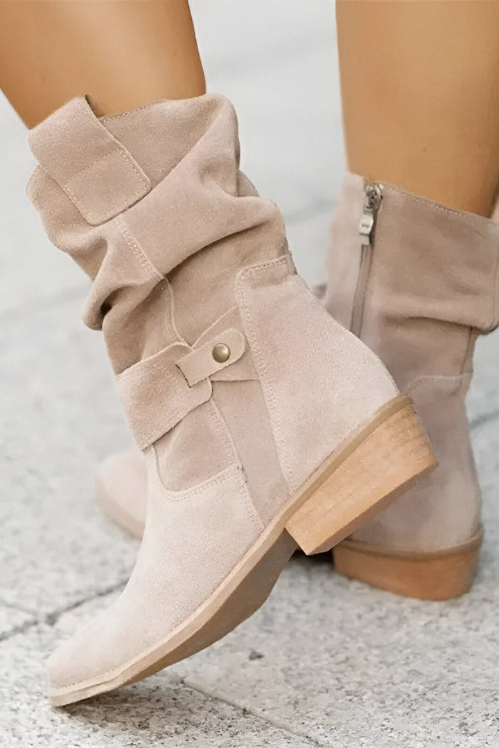 Bottes mi-mollet bride rivetée beige, vue de face