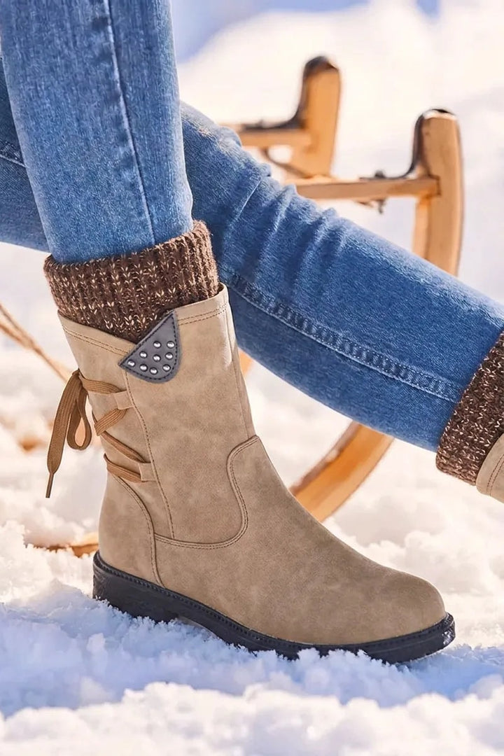 Bottes mi-mollet revers en maille beige, vue de face
