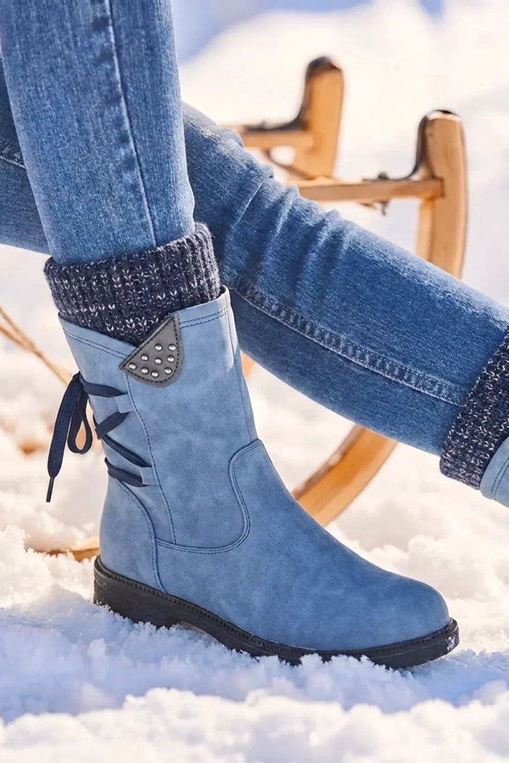 Bottes mi-mollet revers en maille bleu, vue de face
