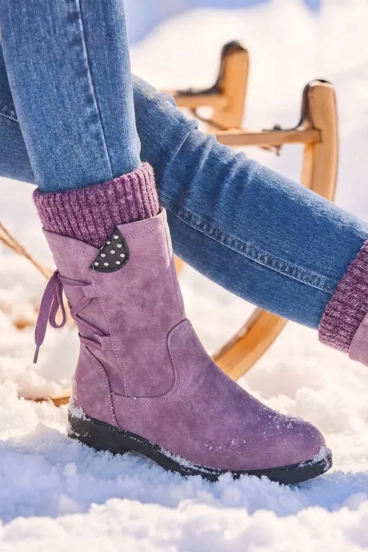 Bottes mi-mollet revers en maille violet, vue de face