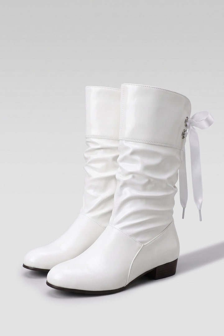 Bottes mi-mollet ruban au dos blanc, vue de face
