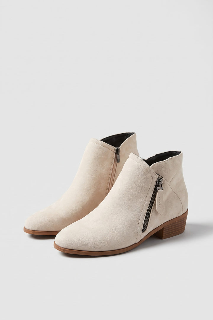 Bottines effet daim double zip beige, vue de face