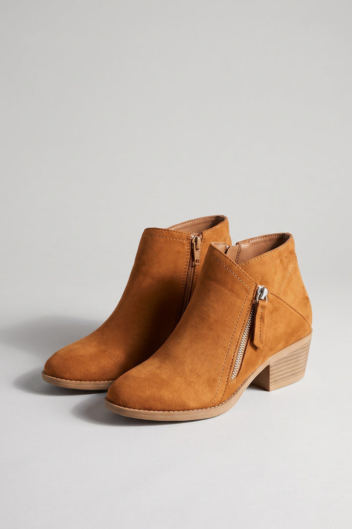 Bottines effet daim double zip camel, vue de face