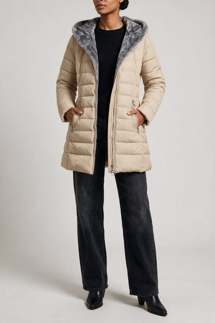Doudoune mi-longue zips à anneau beige, vue de face