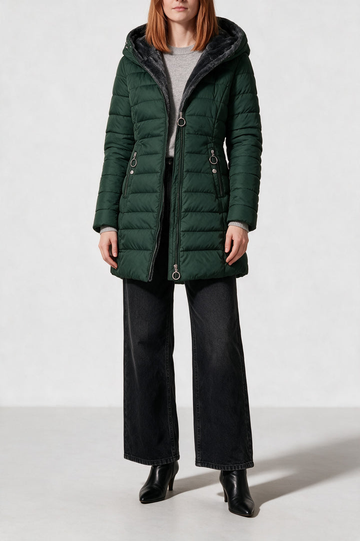 Doudoune mi-longue zips à anneau vert sapin, vue de face