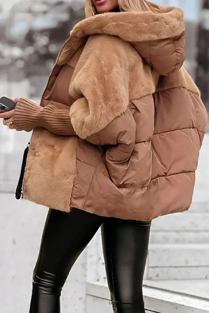 Doudoune oversize manches en maille camel, vue de face