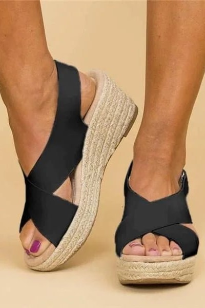 Espadrilles compensées brides croisées noir, vue de face