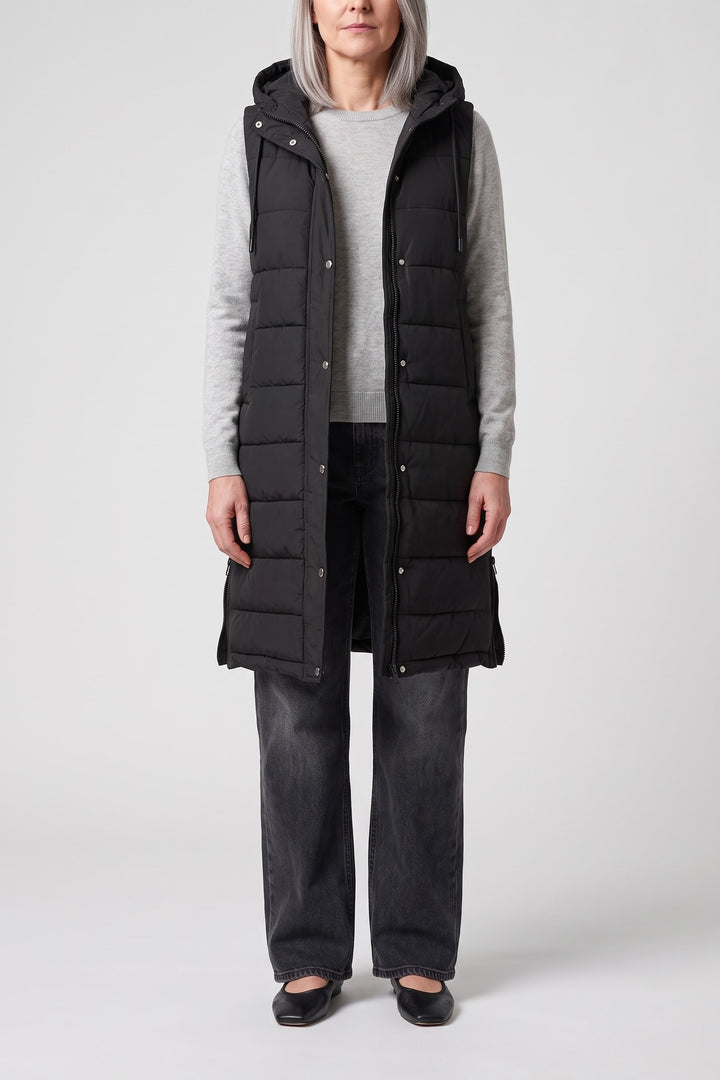 Gilet sans manches long à capuche noir, vue de face