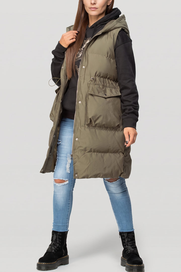 Gilet long sans manches taille coulissée kaki, vue de face