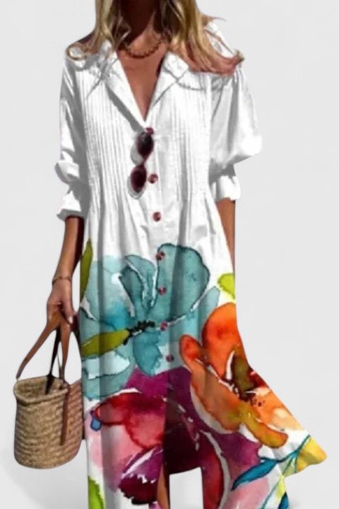 Robe bohème midi imprimé multicolore blanc, vue de face