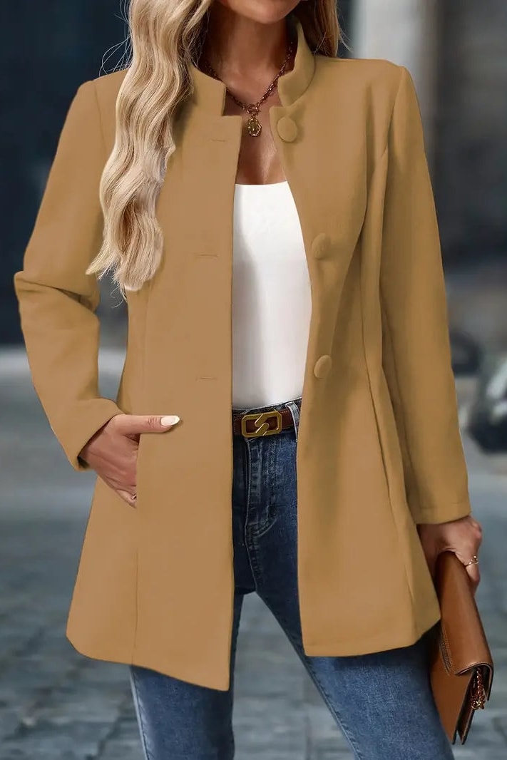 Manteau cintré effet laine col officier camel, vue de face (2)