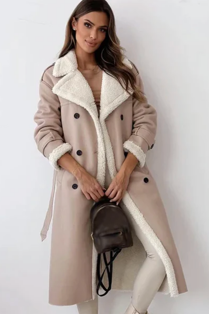 Manteau long aviateur col sherpa beige rosé, vue de face