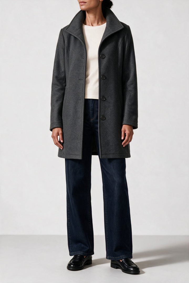 Manteau mi-long col montant gris, vue de face