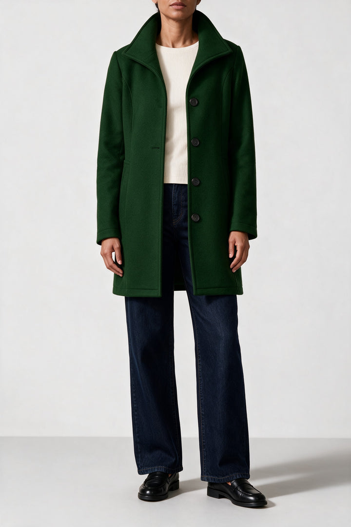 Manteau mi-long col montant vert foncé, vue de face