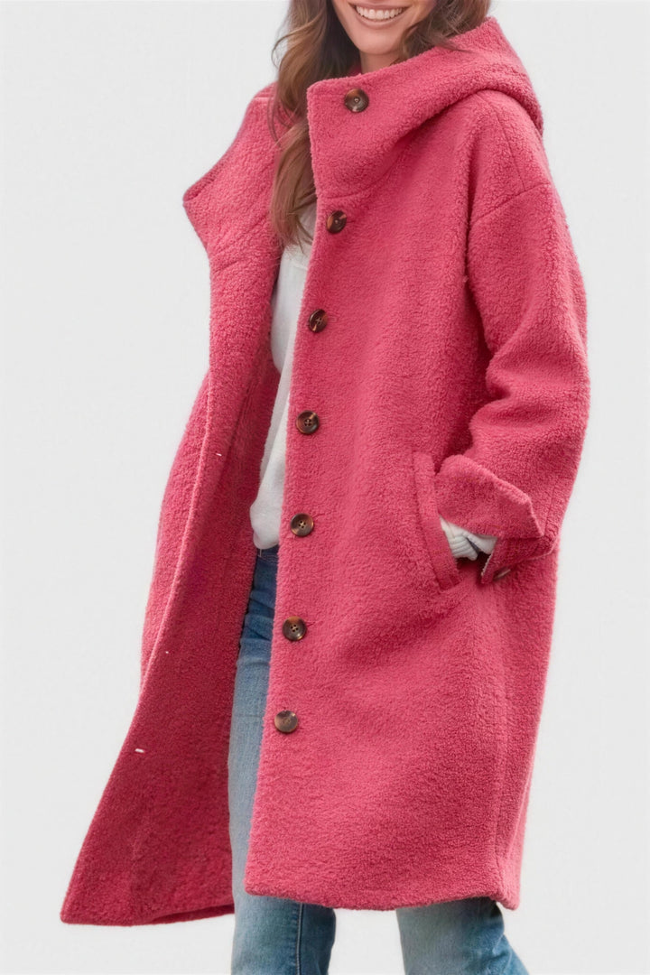 Manteau mi-long effet bouclé à capuche rose, vue de face