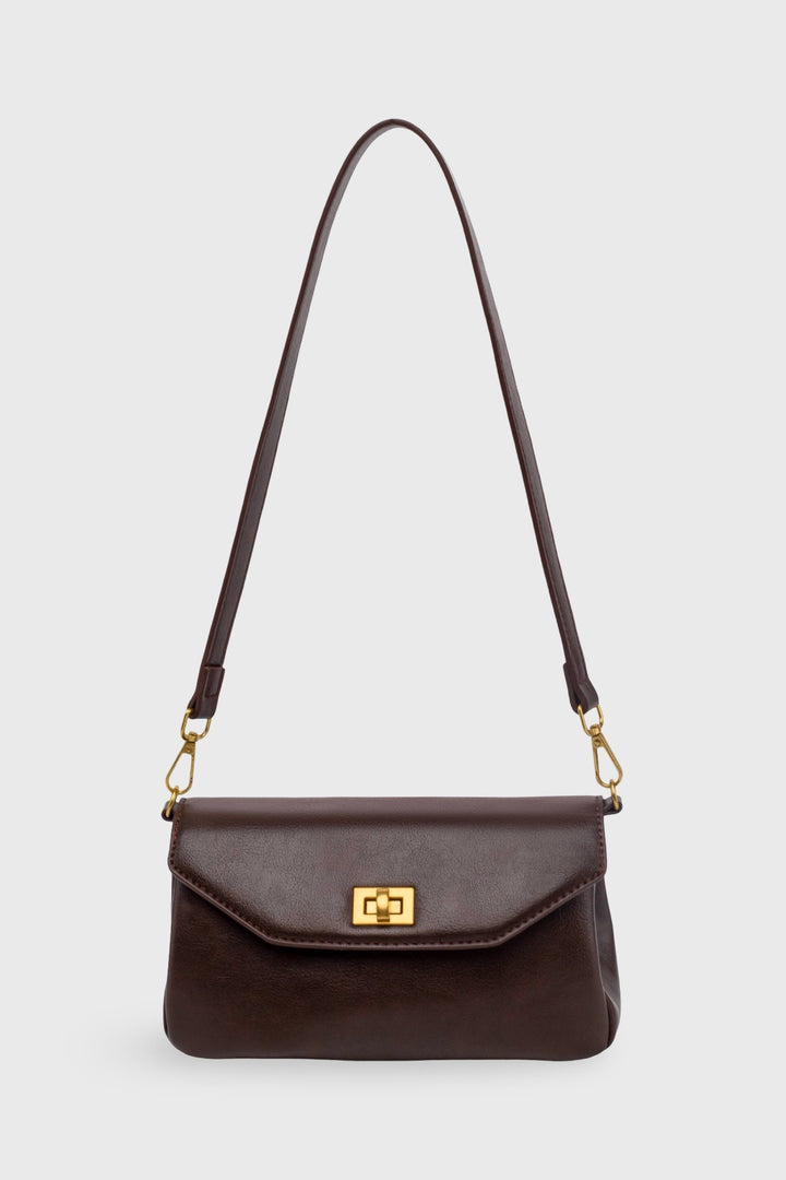 Petit sac bandoulière à fermoir tournant chocolat, vue de face
