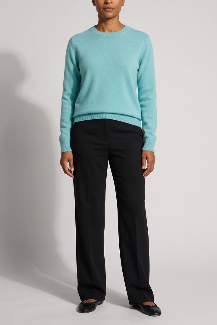 Pull col rond maille fine turquoise, vue de face