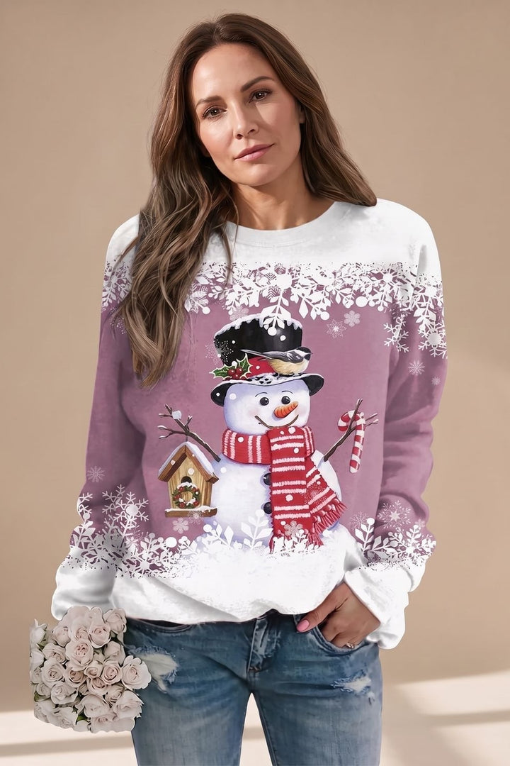 Pull de Noël bonhomme de neige rose, vue de face