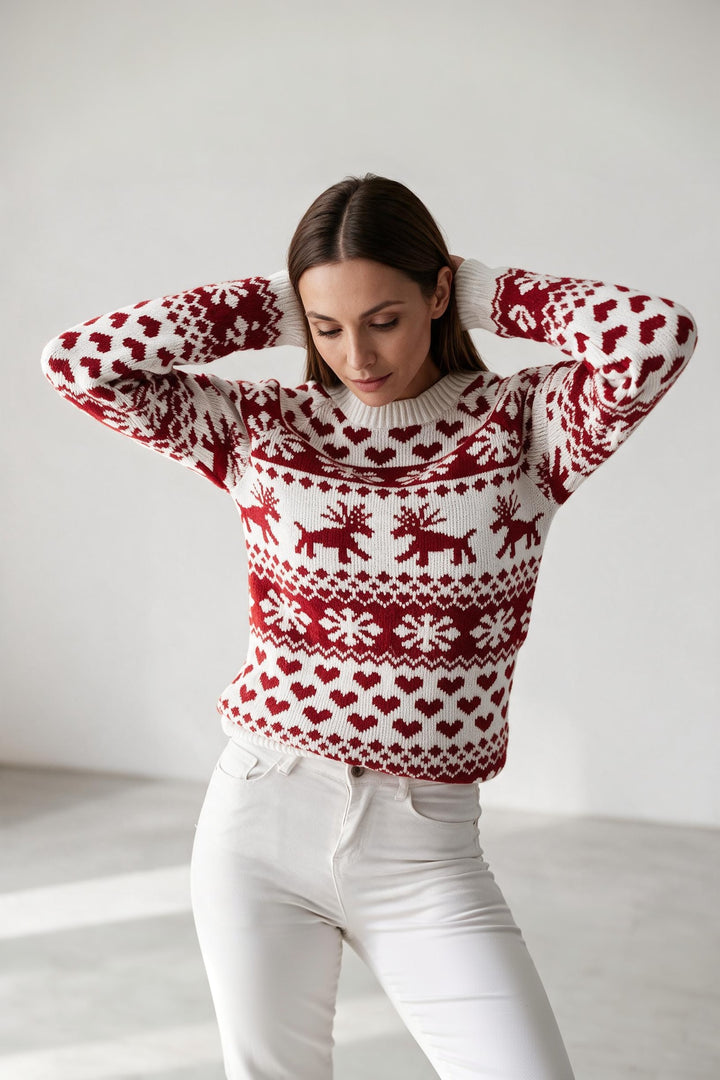Pull de Noël jacquard flocons blanc, vue de face