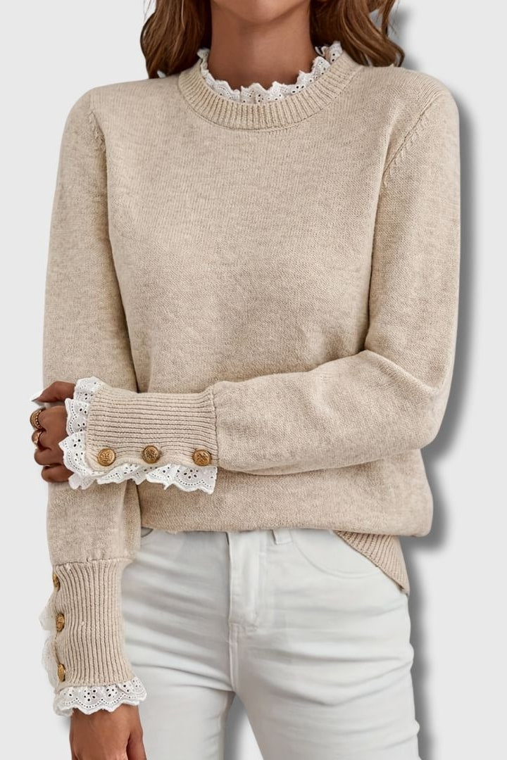 Pull col dentelle poignets boutonnés beige, vue de face