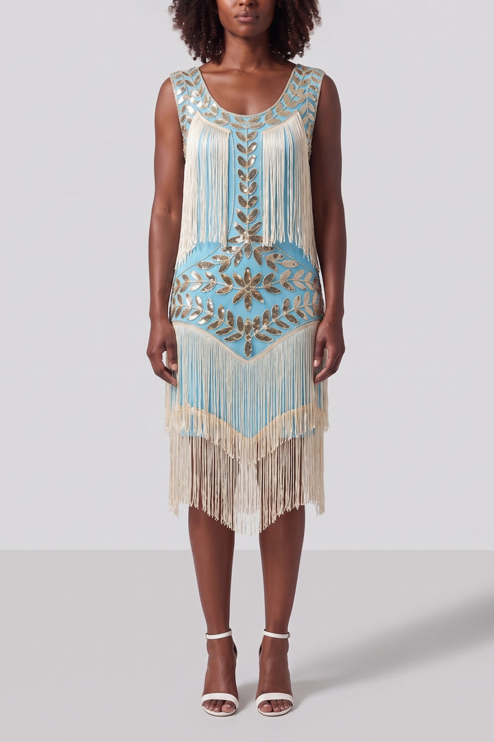 Robe de soirée charleston à franges bleu ciel, vue de face