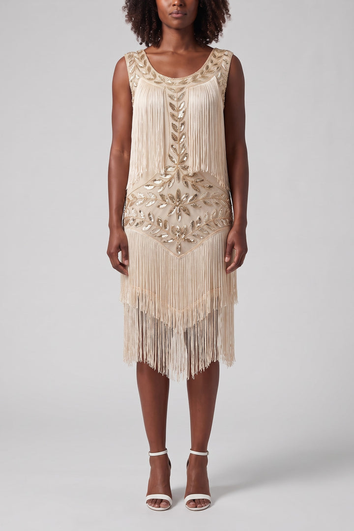 Robe de soirée charleston à franges champagne, vue de face