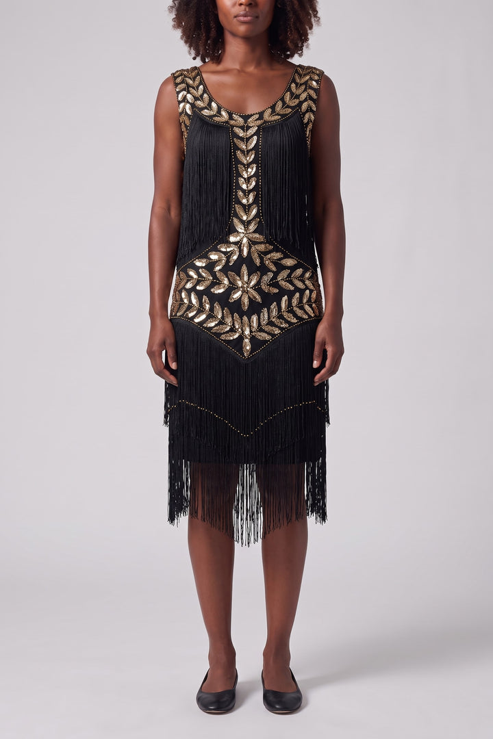 Robe de soirée charleston à franges noir, vue de face