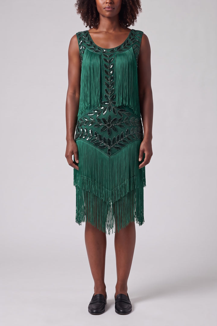 Robe de soirée charleston à franges vert émeraude, vue de face