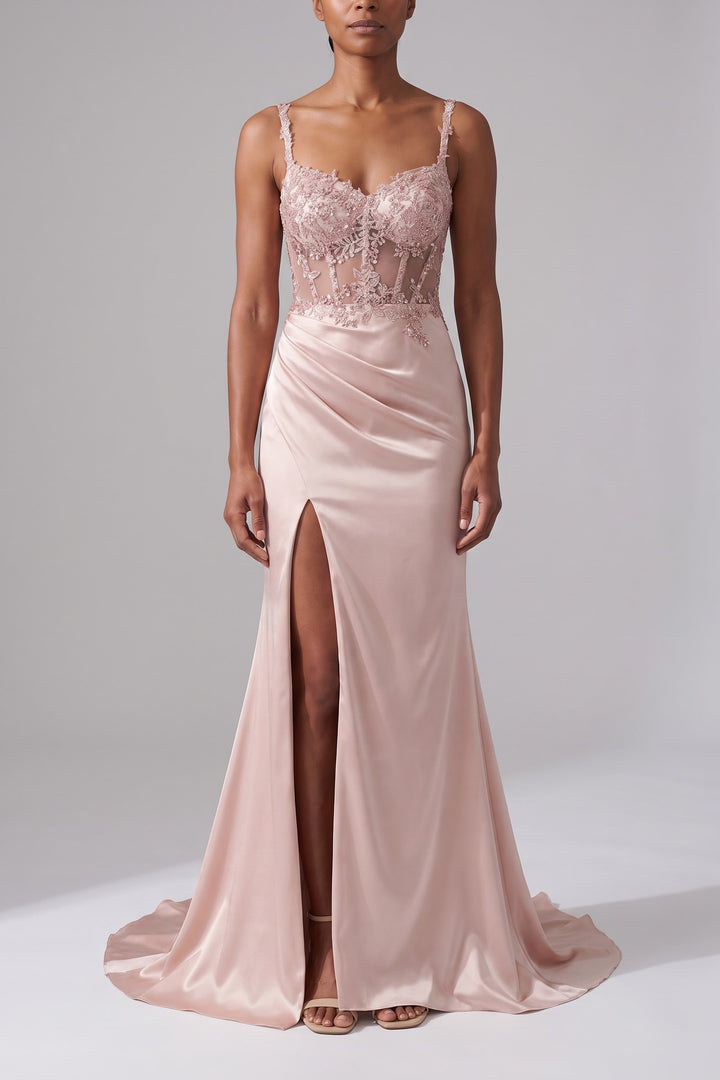 Robe de soirée sirène satin fendue rose poudré, vue de face
