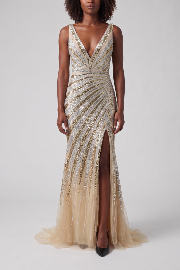 Robe de soirée sirène sequins doré, vue de face