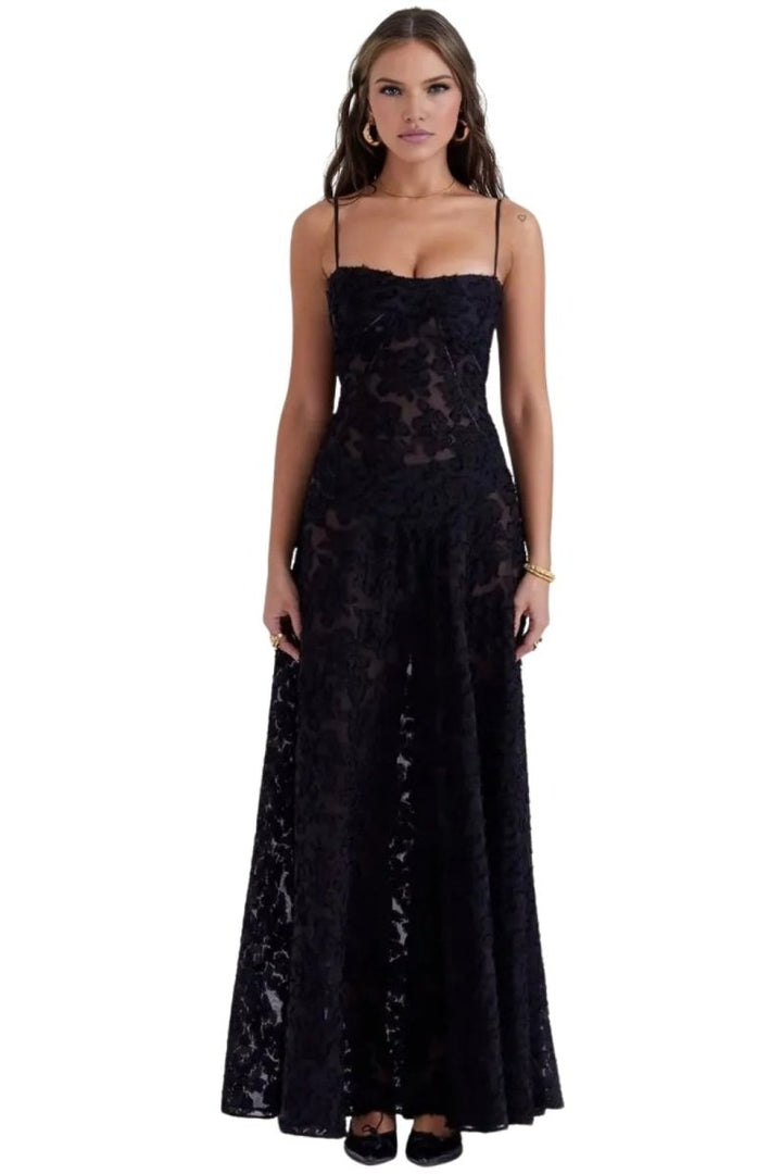 Robe longue bustier dos lacé noir, vue de face